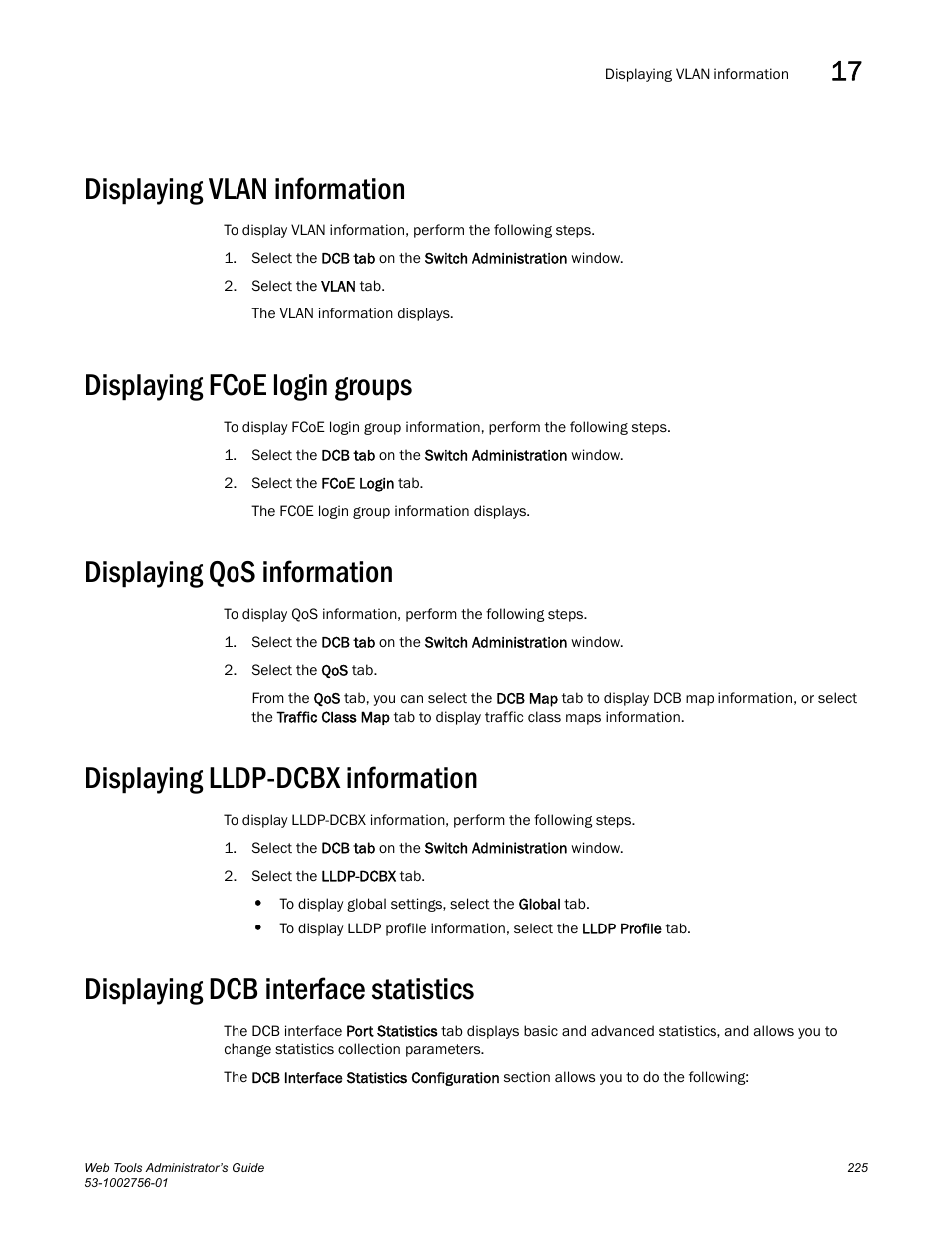 Displaying vlan information, Displaying fcoe login groups, Displaying qos information | Displaying lldp-dcbx information, Displaying dcb interface statistics | Dell POWEREDGE M1000E User Manual | Page 253 / 268