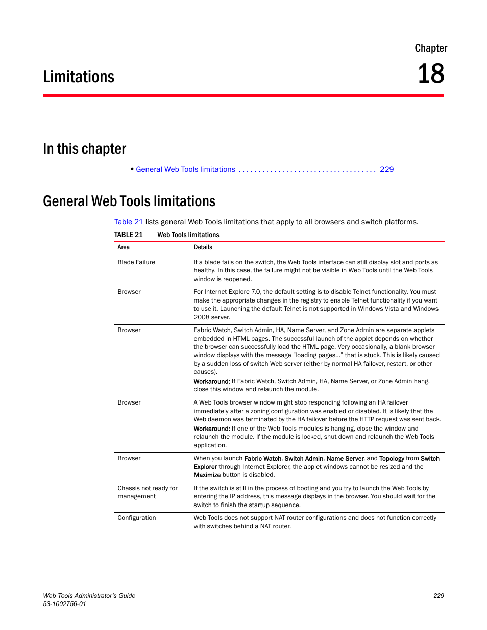 Limitations, In this chapter, General web tools limitations | Chapter 18, Table 21, Chapter 18, “limitations, Chapter | Dell POWEREDGE M1000E User Manual | Page 257 / 268