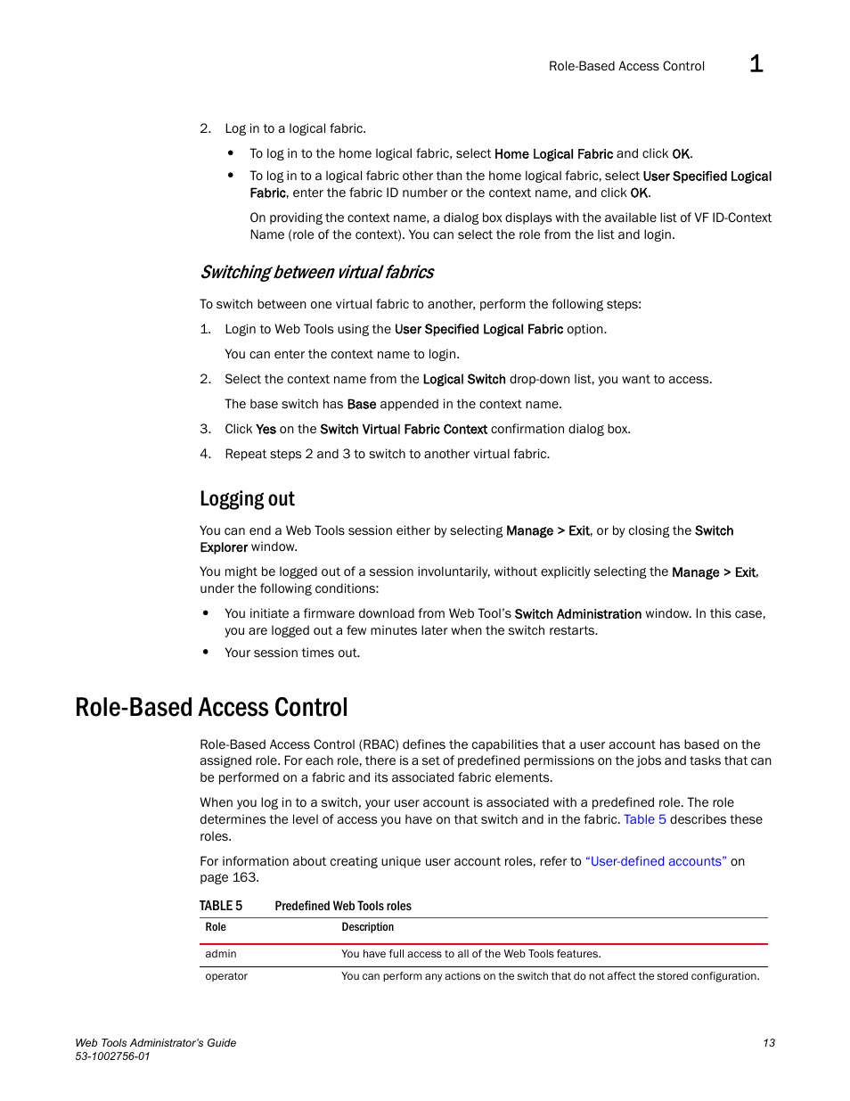 Logging out, Role-based access control, Table 5 | Switching between virtual fabrics | Dell POWEREDGE M1000E User Manual | Page 41 / 268