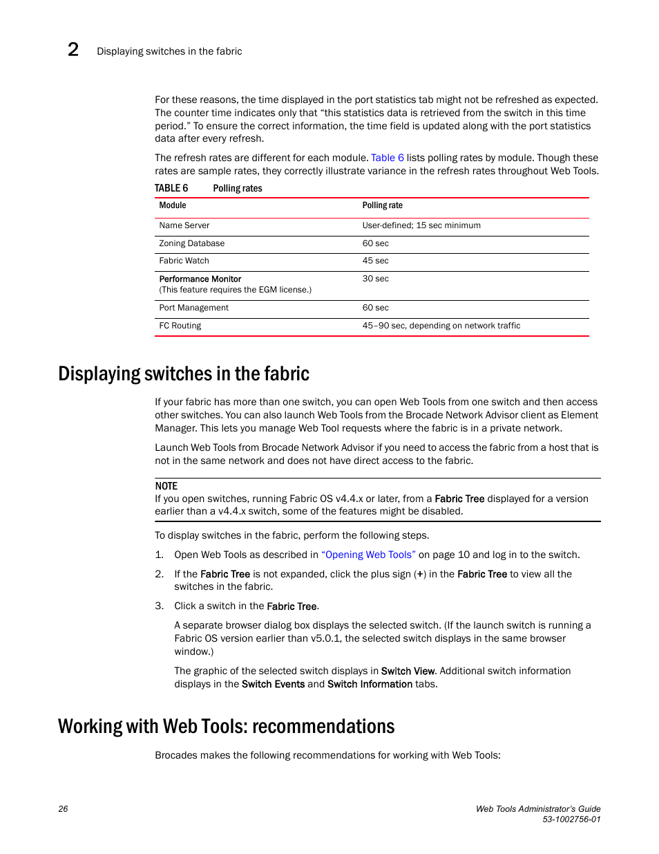 Displaying switches in the fabric, Working with web tools: recommendations, Table 6 | Dell POWEREDGE M1000E User Manual | Page 54 / 268