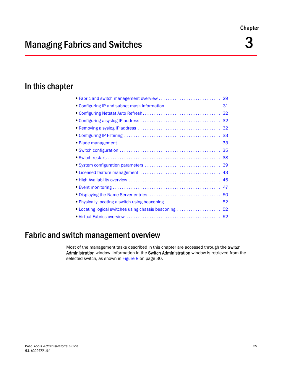 Managing fabrics and switches, In this chapter, Fabric and switch management overview | Chapter 3, Chapter 3, “managing fabrics and switches | Dell POWEREDGE M1000E User Manual | Page 57 / 268