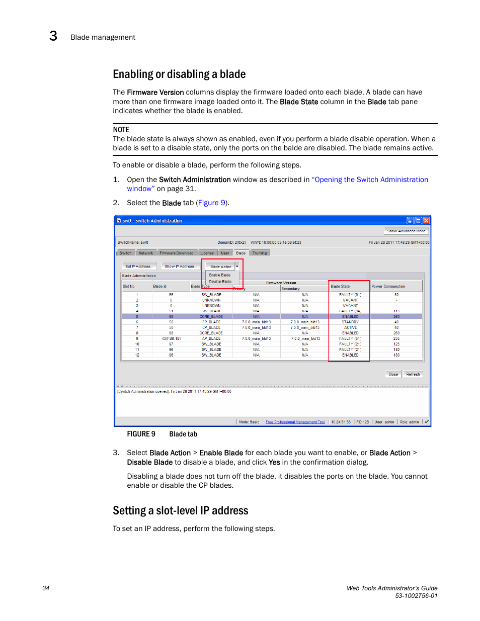 Enabling or disabling a blade, Setting a slot-level ip address, Figure 9 | Dell POWEREDGE M1000E User Manual | Page 62 / 268