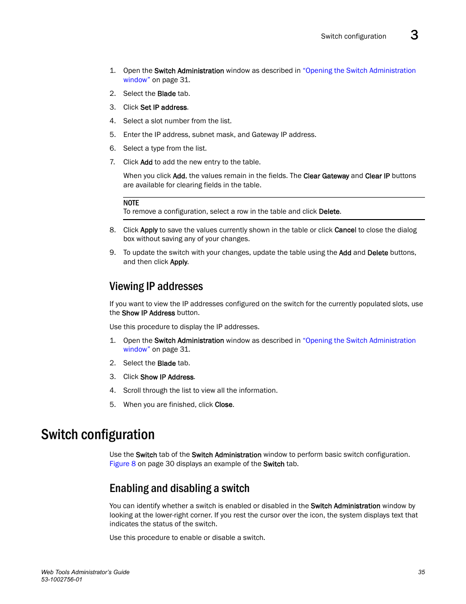 Viewing ip addresses, Switch configuration, Enabling and disabling a switch | Dell POWEREDGE M1000E User Manual | Page 63 / 268