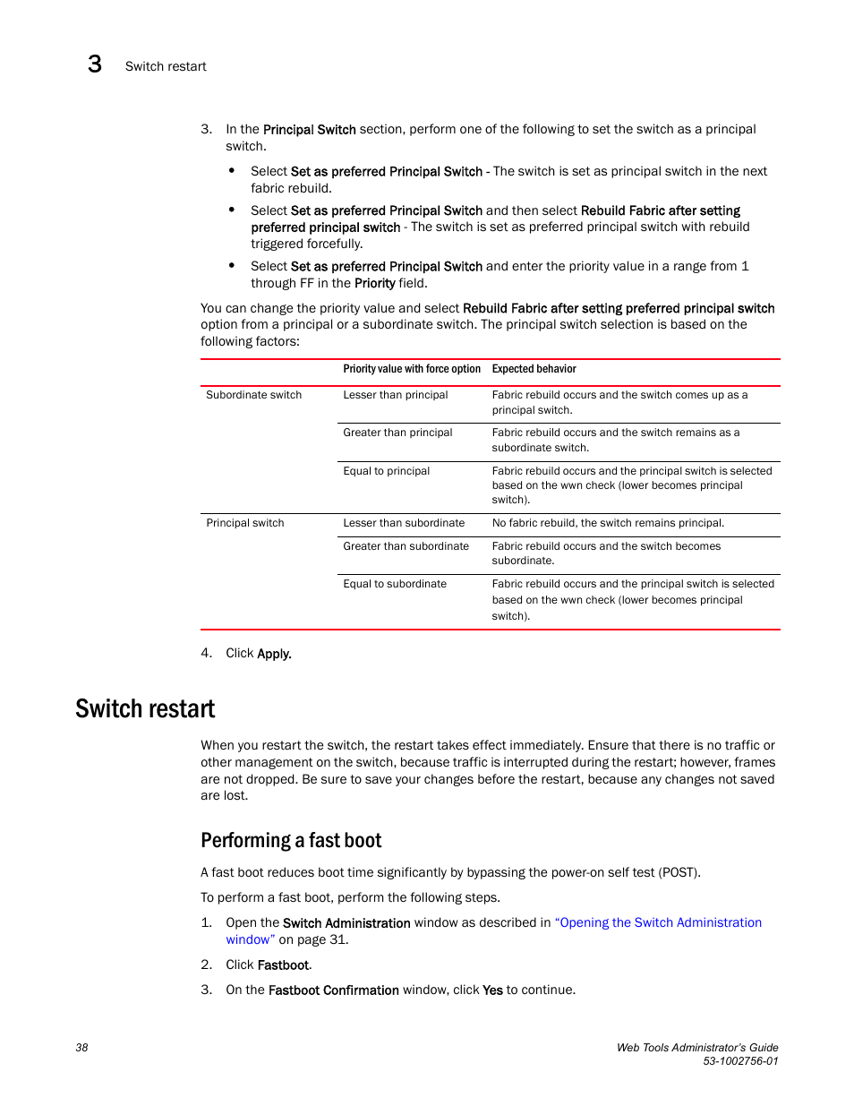 Switch restart, Performing a fast boot | Dell POWEREDGE M1000E User Manual | Page 66 / 268