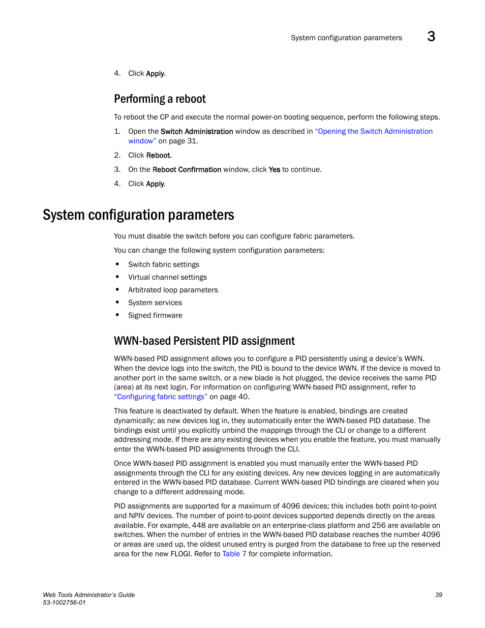 Performing a reboot, System configuration parameters, Wwn-based persistent pid assignment | Dell POWEREDGE M1000E User Manual | Page 67 / 268