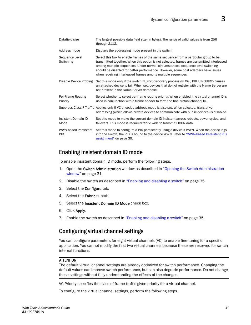 Enabling insistent domain id mode, Configuring virtual channel settings | Dell POWEREDGE M1000E User Manual | Page 69 / 268