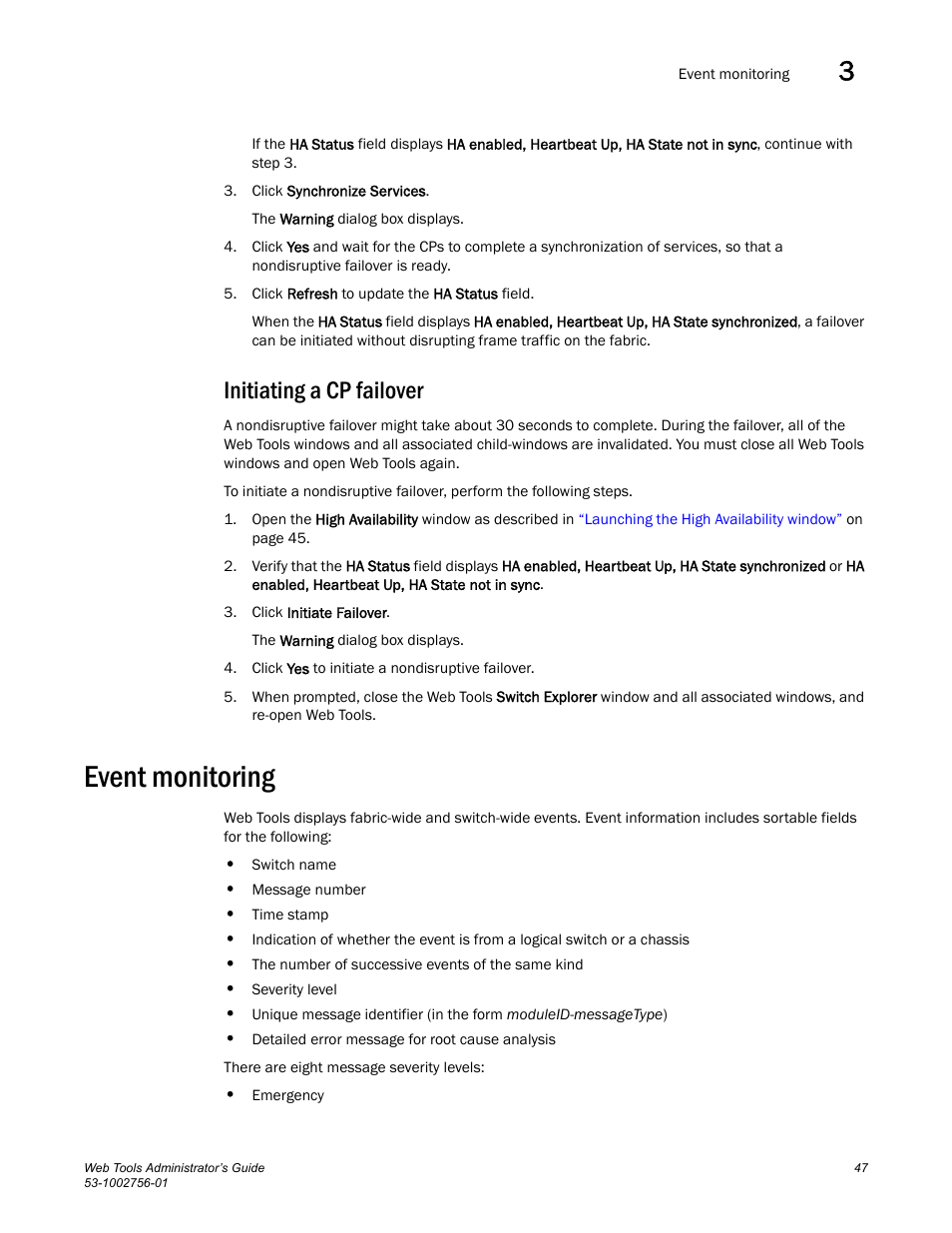 Initiating a cp failover, Event monitoring | Dell POWEREDGE M1000E User Manual | Page 75 / 268