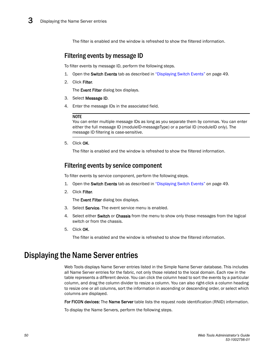 Filtering events by message id, Filtering events by service component, Displaying the name server entries | Dell POWEREDGE M1000E User Manual | Page 78 / 268