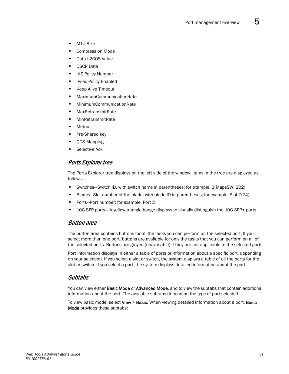 Ports explorer tree, Button area, Subtabs | Dell POWEREDGE M1000E User Manual | Page 89 / 268