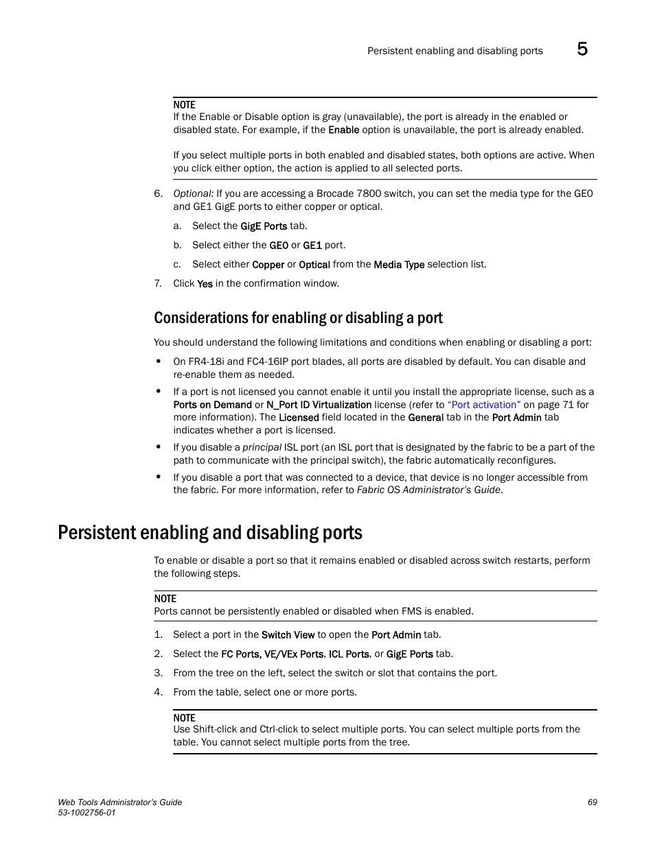 Considerations for enabling or disabling a port, Persistent enabling and disabling ports | Dell POWEREDGE M1000E User Manual | Page 97 / 268