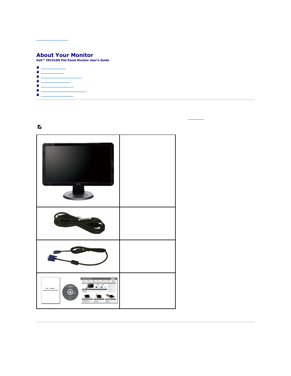 About your monitor, Package contents, Product features | Dell IN1910NWFP Monitor User Manual | Page 2 / 28