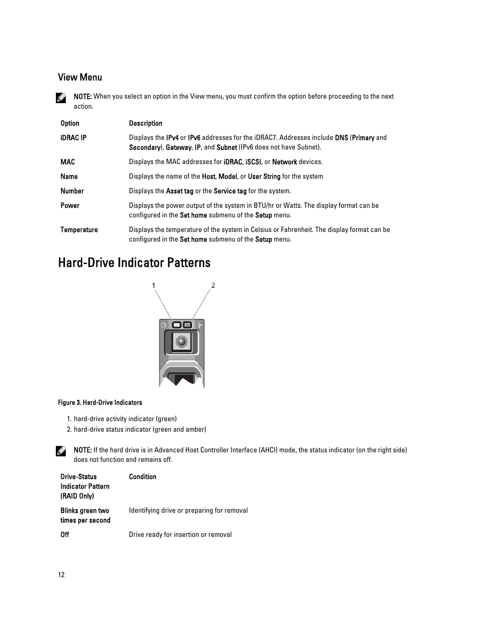 View menu, Hard-drive indicator patterns | Dell Powervault NX400 User Manual | Page 12 / 123