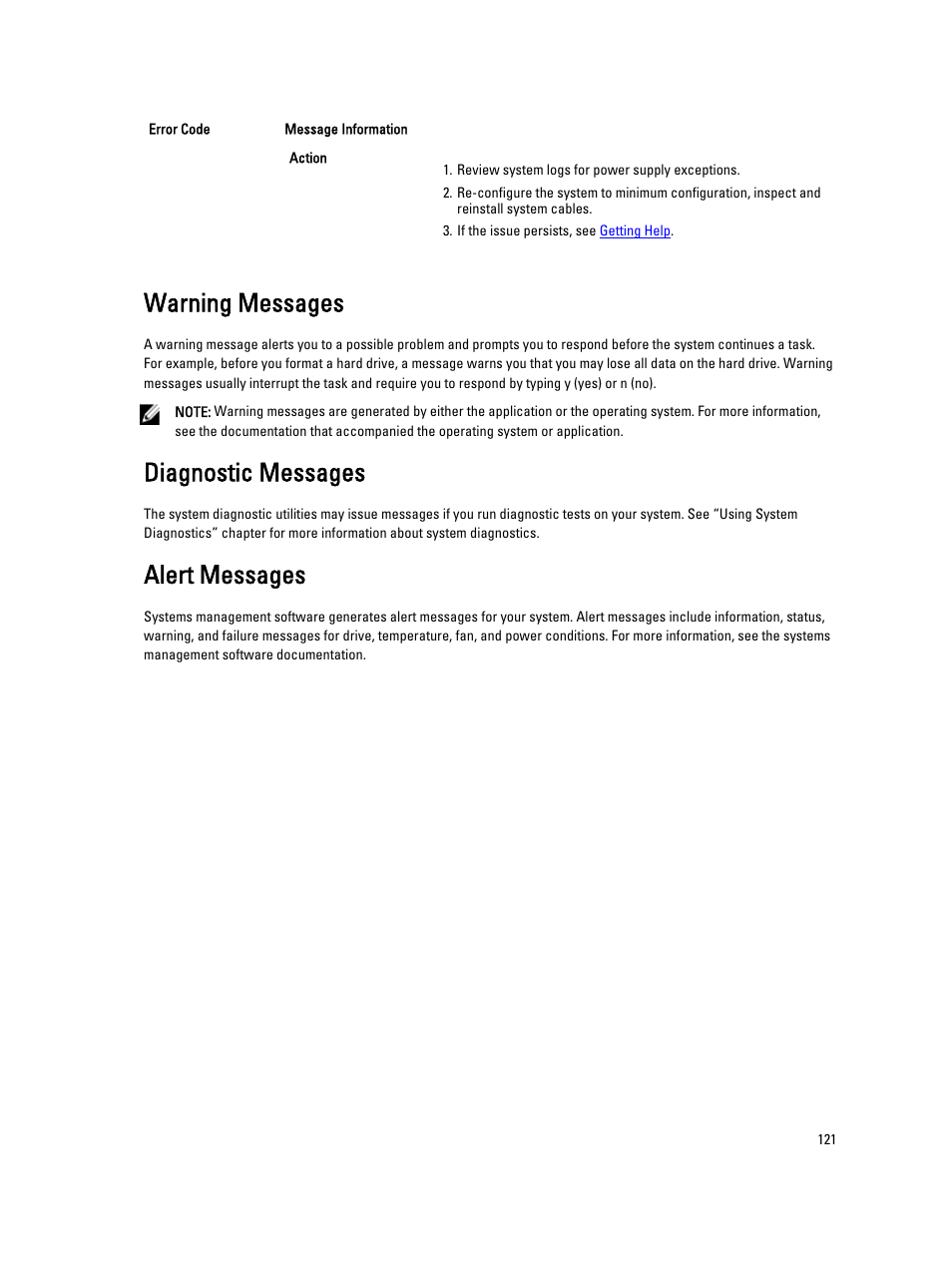 Warning messages, Diagnostic messages, Alert messages | Dell Powervault NX400 User Manual | Page 121 / 123