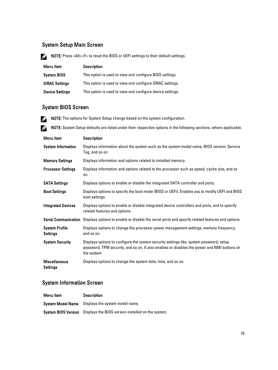 System setup main screen, System bios screen, System information screen | Dell Powervault NX400 User Manual | Page 19 / 123