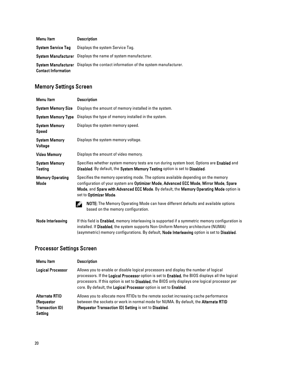 Memory settings screen, Processor settings screen | Dell Powervault NX400 User Manual | Page 20 / 123