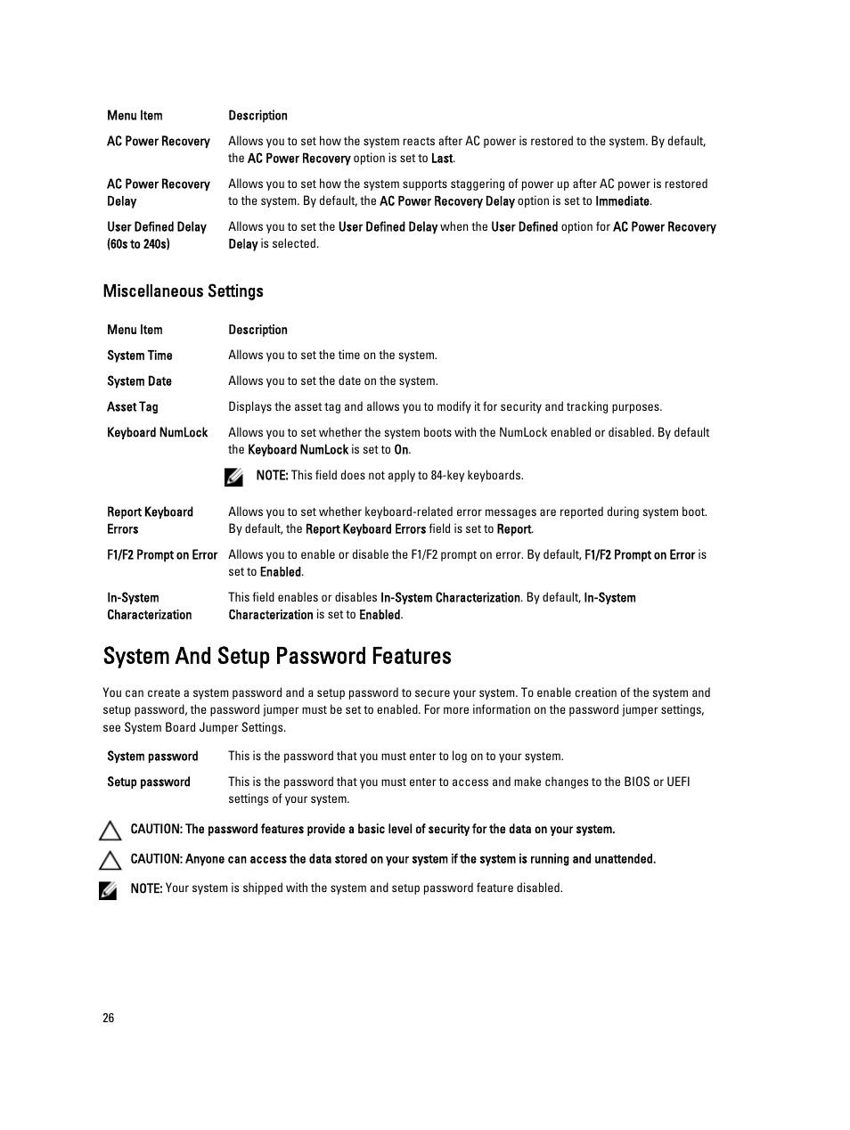 Miscellaneous settings, System and setup password features | Dell Powervault NX400 User Manual | Page 26 / 123