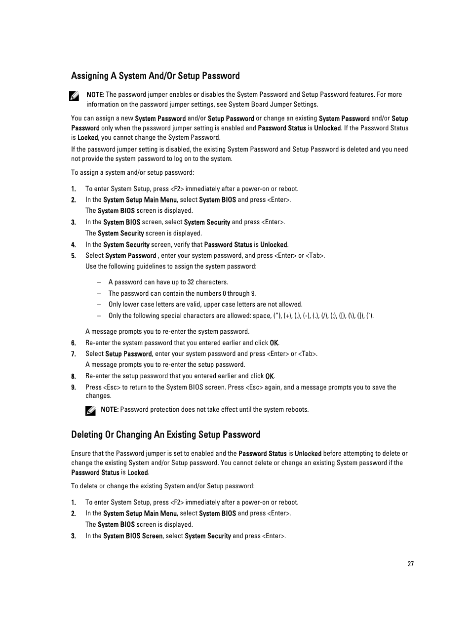 Assigning a system and/or setup password, Deleting or changing an existing setup password | Dell Powervault NX400 User Manual | Page 27 / 123