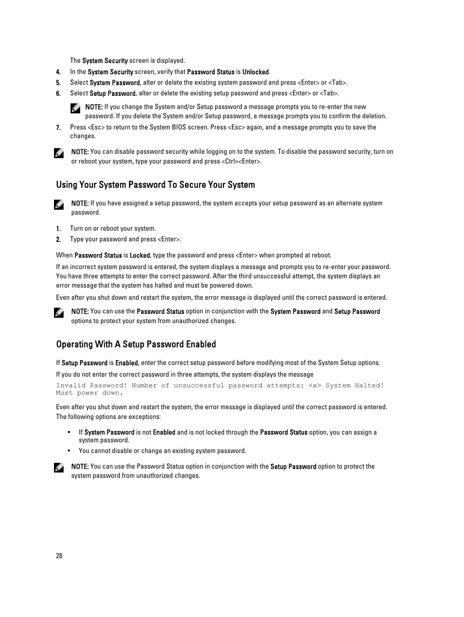 Using your system password to secure your system, Operating with a setup password enabled | Dell Powervault NX400 User Manual | Page 28 / 123