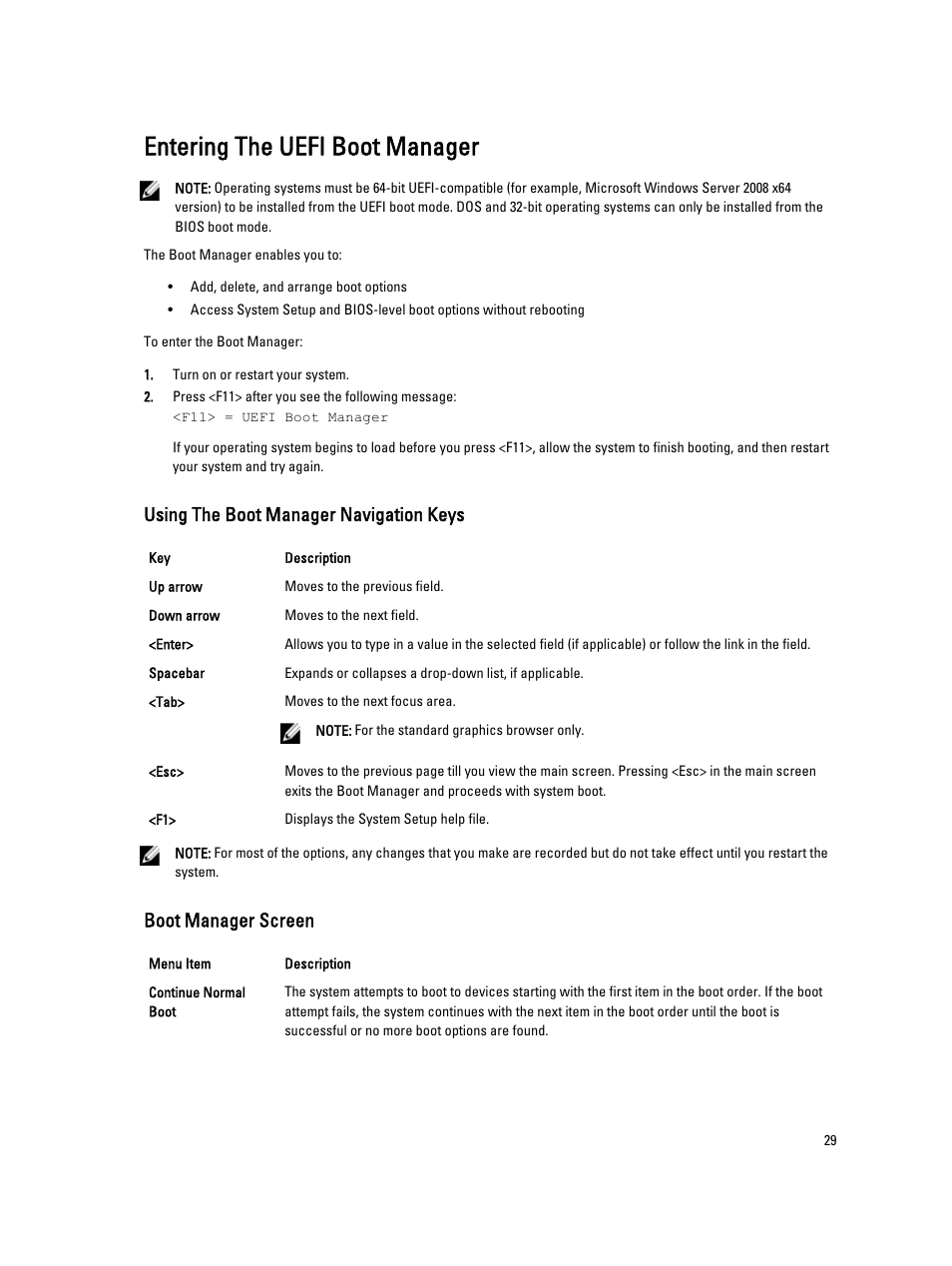Entering the uefi boot manager, Using the boot manager navigation keys, Boot manager screen | Dell Powervault NX400 User Manual | Page 29 / 123