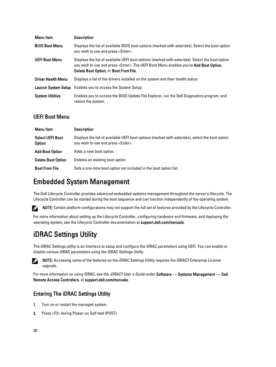 Uefi boot menu, Embedded system management, Idrac settings utility | Entering the idrac settings utility | Dell Powervault NX400 User Manual | Page 30 / 123
