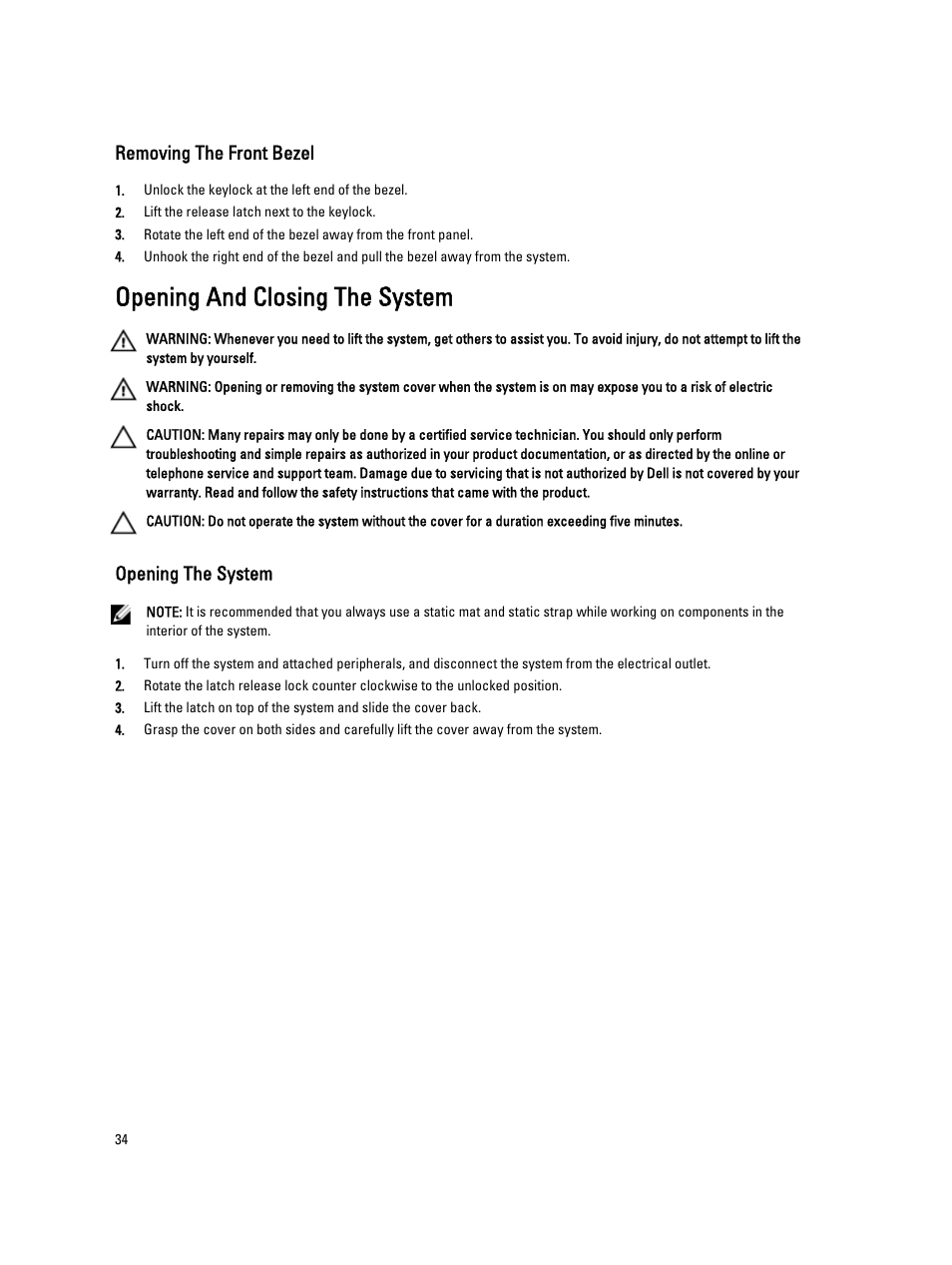 Removing the front bezel, Opening and closing the system, Opening the system | Dell Powervault NX400 User Manual | Page 34 / 123