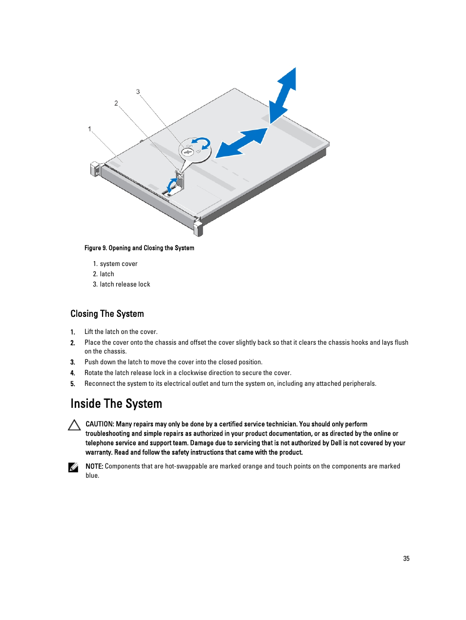 Closing the system, Inside the system | Dell Powervault NX400 User Manual | Page 35 / 123