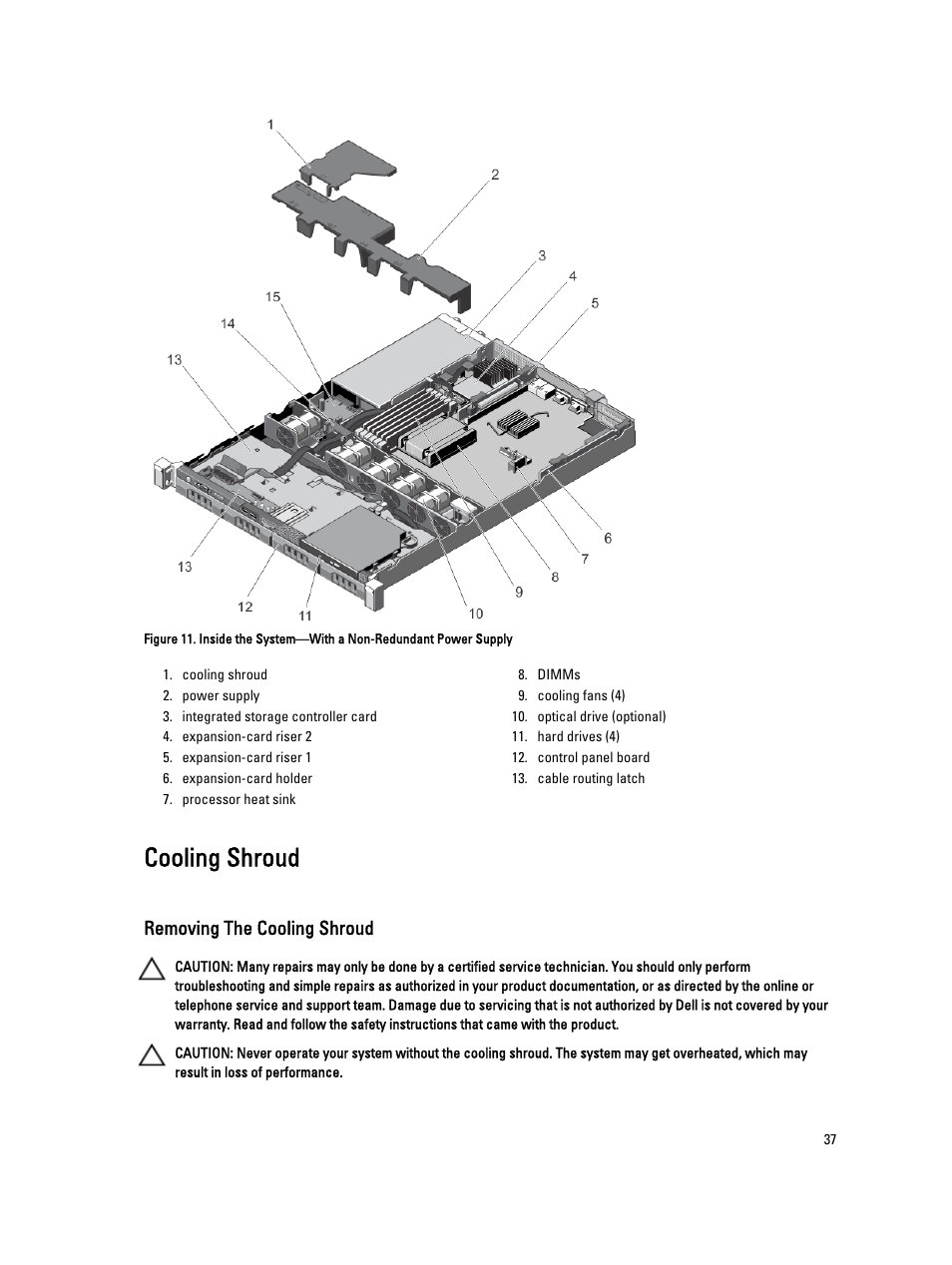 Cooling shroud, Removing the cooling shroud | Dell Powervault NX400 User Manual | Page 37 / 123