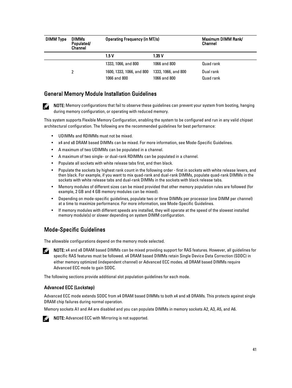 General memory module installation guidelines, Mode-specific guidelines | Dell Powervault NX400 User Manual | Page 41 / 123