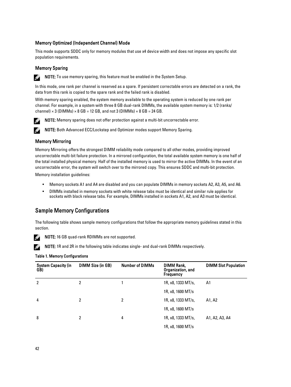 Sample memory configurations | Dell Powervault NX400 User Manual | Page 42 / 123