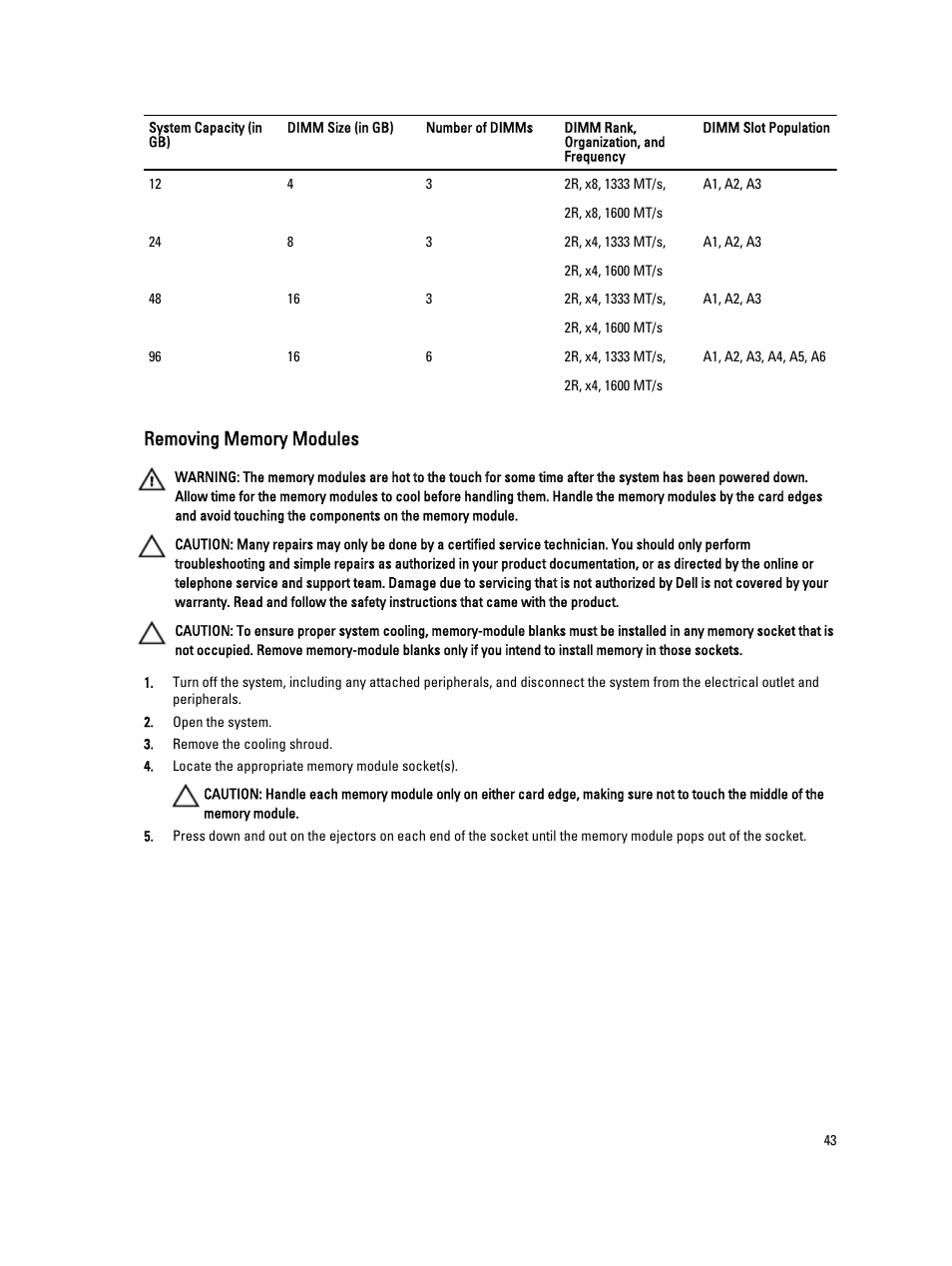 Removing memory modules | Dell Powervault NX400 User Manual | Page 43 / 123