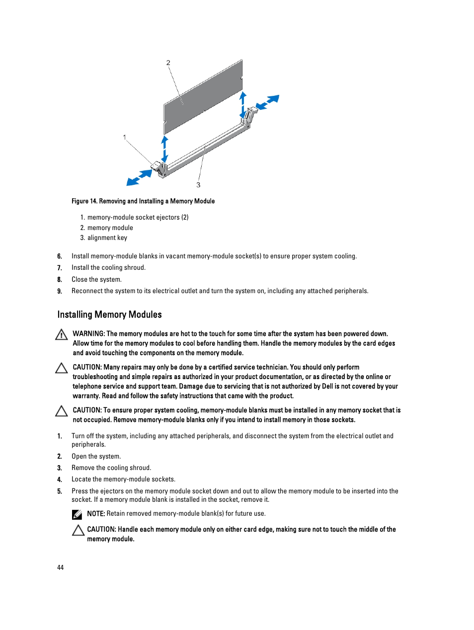 Installing memory modules | Dell Powervault NX400 User Manual | Page 44 / 123