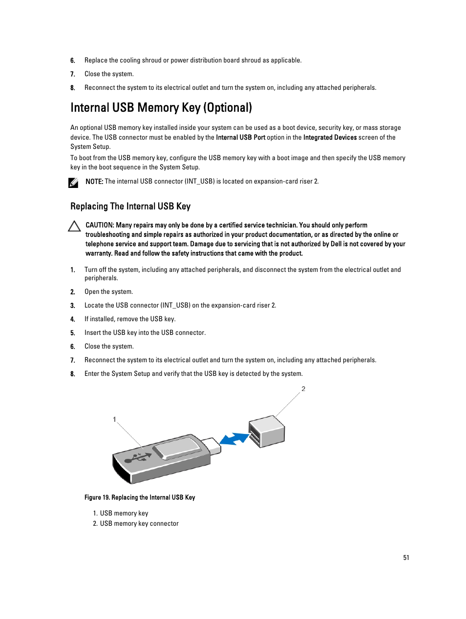 Internal usb memory key (optional), Replacing the internal usb key | Dell Powervault NX400 User Manual | Page 51 / 123