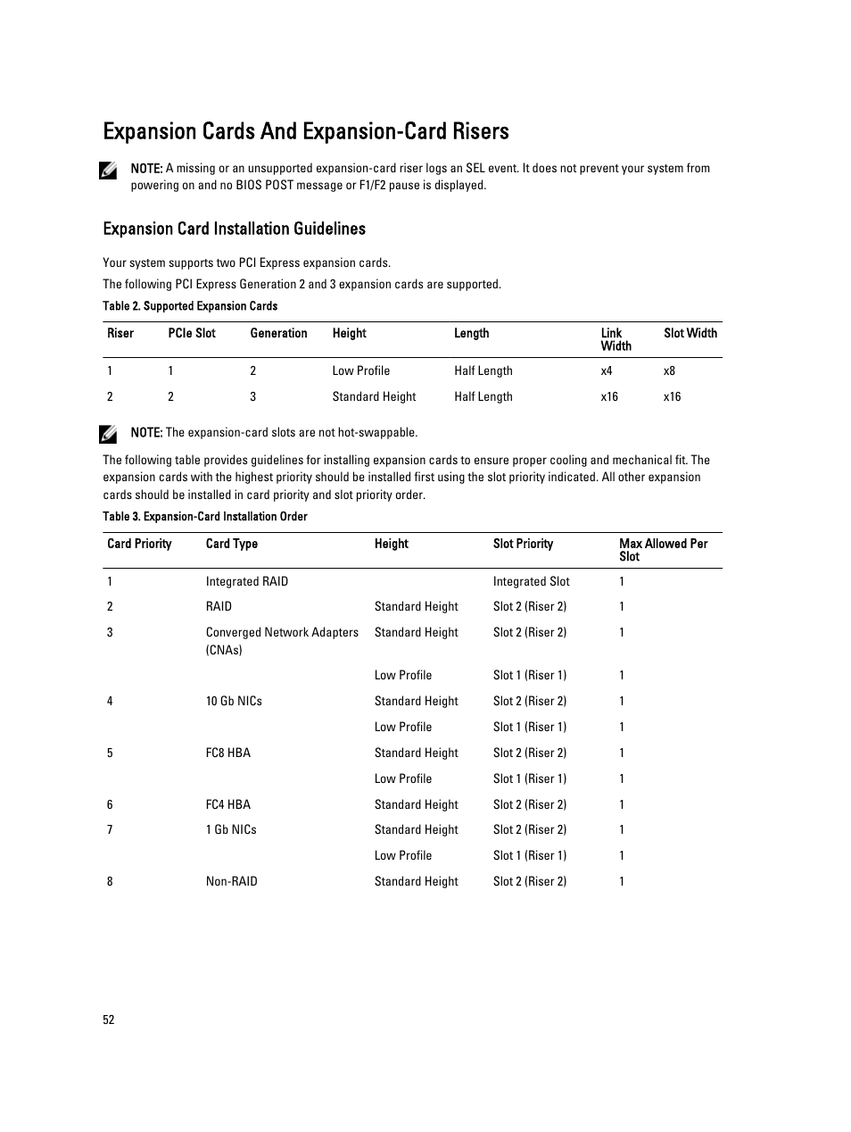 Expansion cards and expansion-card risers, Expansion card installation guidelines | Dell Powervault NX400 User Manual | Page 52 / 123