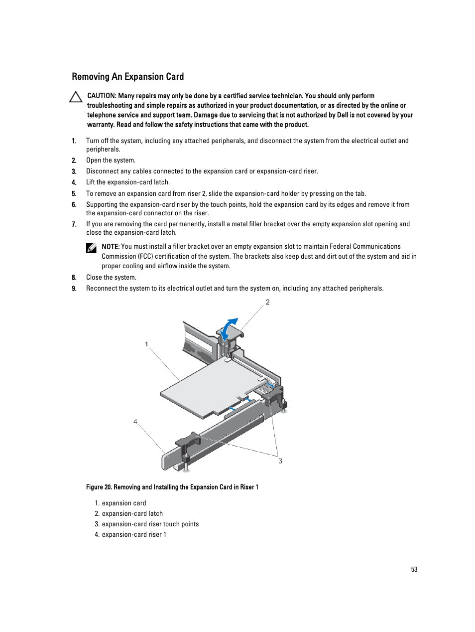 Removing an expansion card | Dell Powervault NX400 User Manual | Page 53 / 123