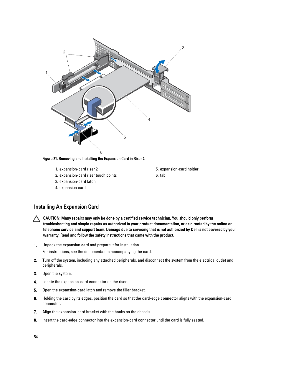 Installing an expansion card | Dell Powervault NX400 User Manual | Page 54 / 123