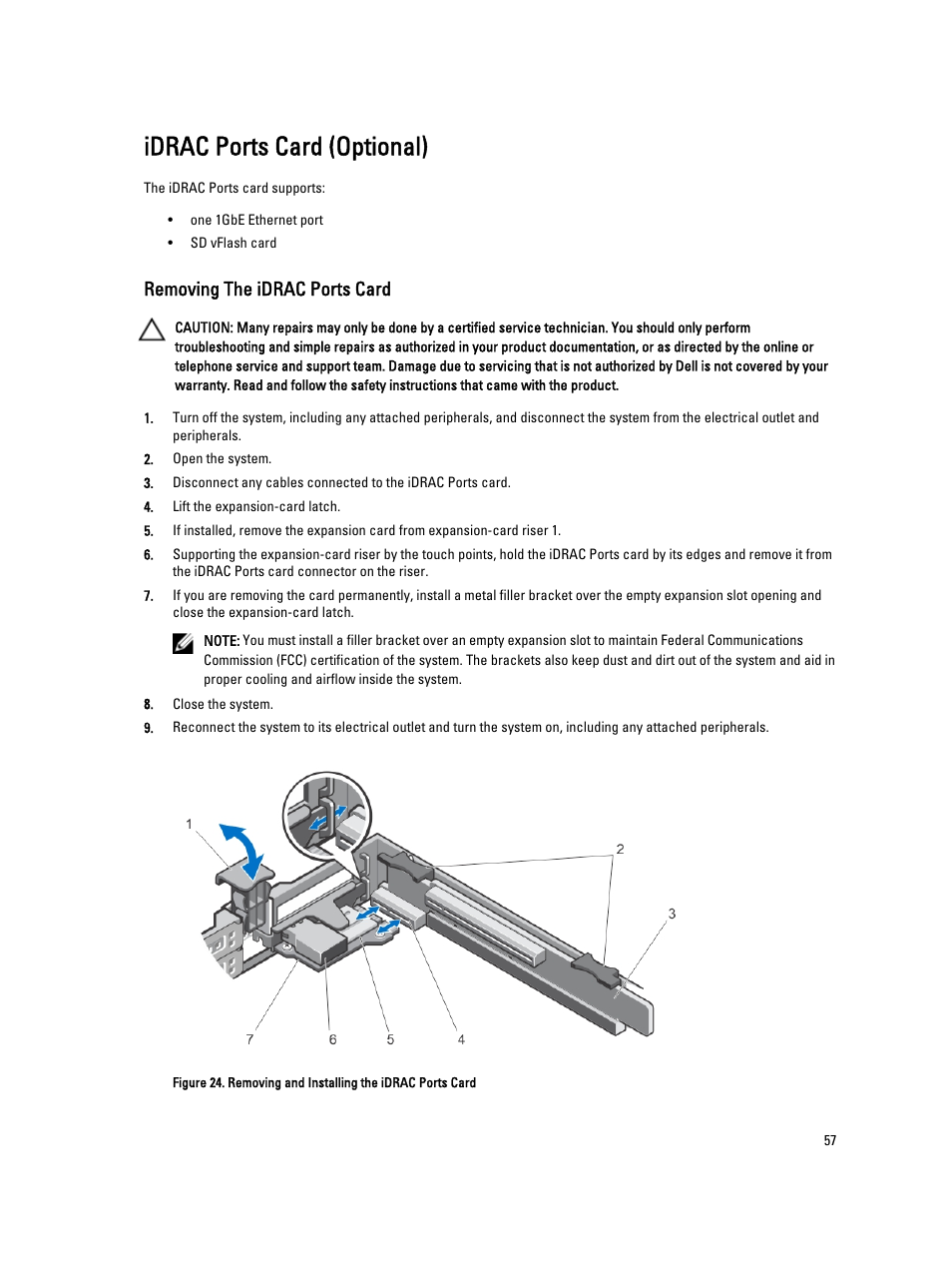 Idrac ports card (optional), Removing the idrac ports card | Dell Powervault NX400 User Manual | Page 57 / 123