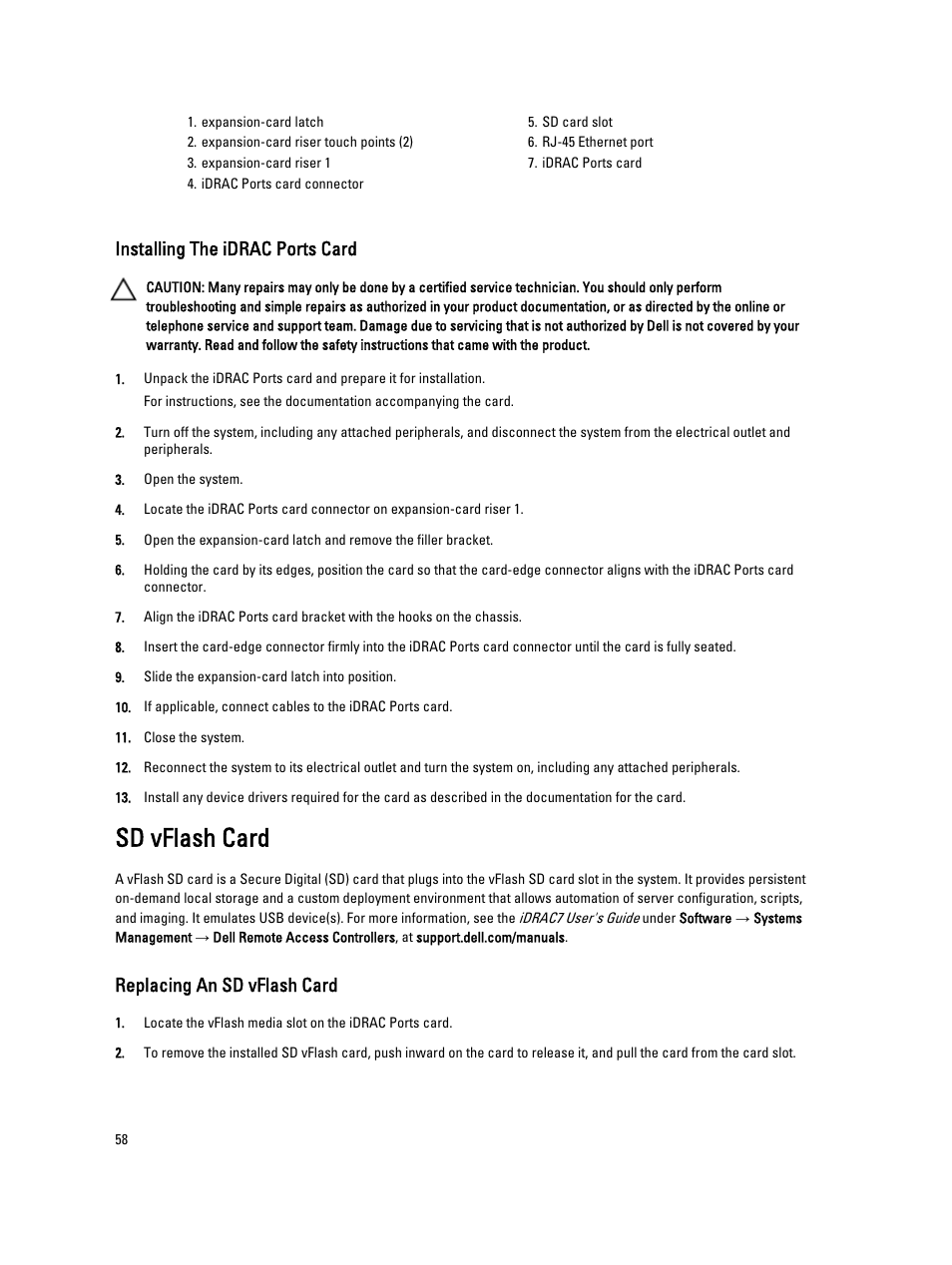 Installing the idrac ports card, Sd vflash card, Replacing an sd vflash card | Dell Powervault NX400 User Manual | Page 58 / 123