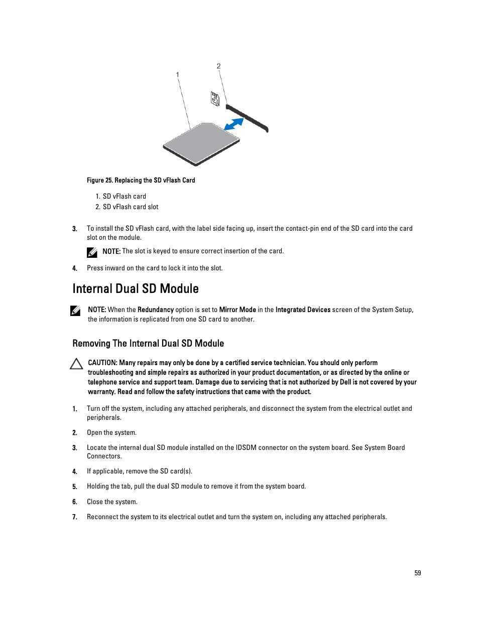 Internal dual sd module, Removing the internal dual sd module | Dell Powervault NX400 User Manual | Page 59 / 123