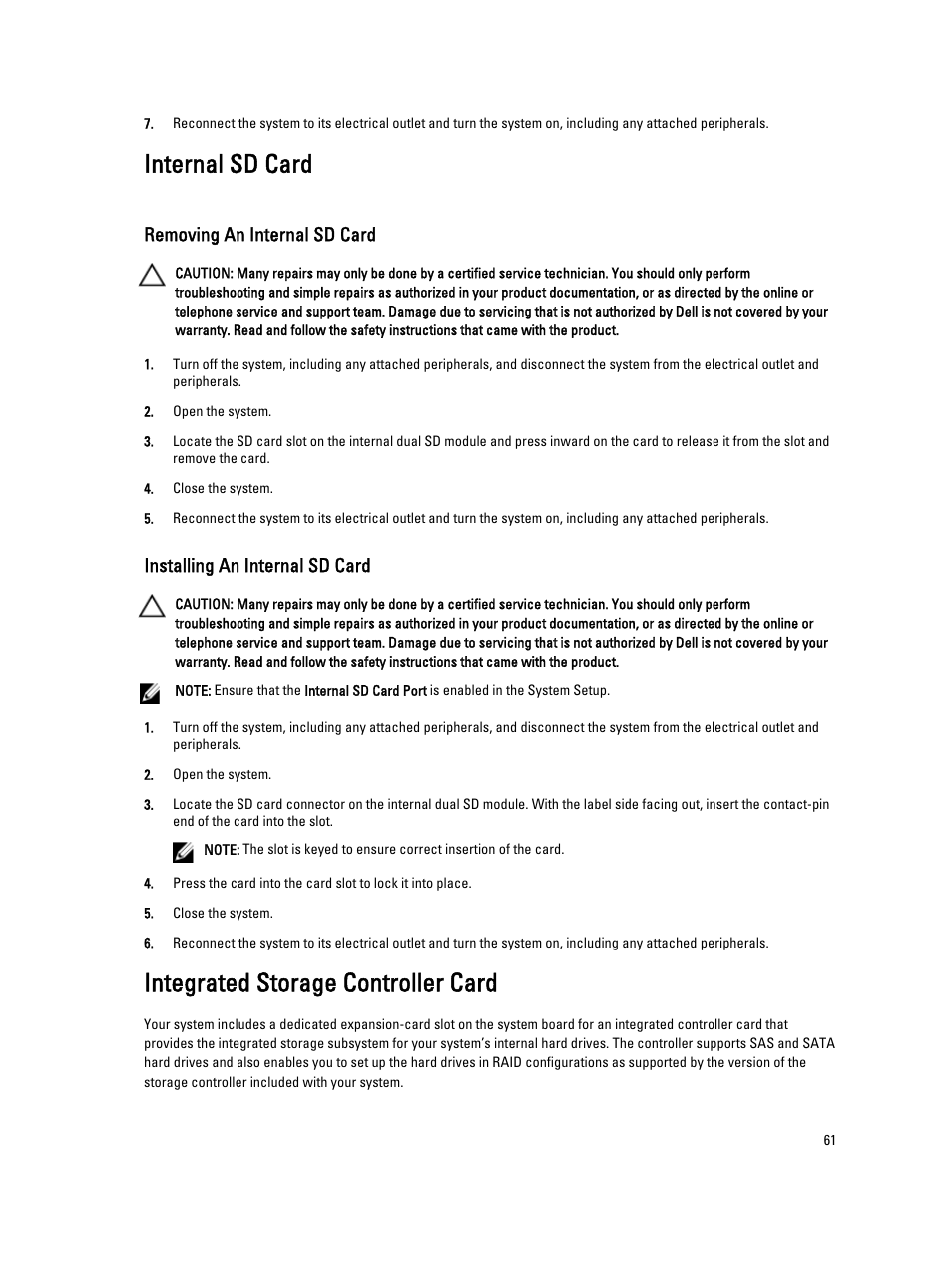 Internal sd card, Removing an internal sd card, Installing an internal sd card | Integrated storage controller card | Dell Powervault NX400 User Manual | Page 61 / 123