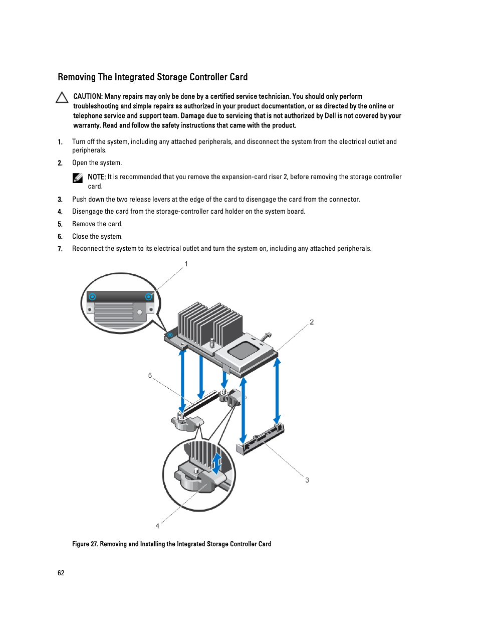 Removing the integrated storage controller card | Dell Powervault NX400 User Manual | Page 62 / 123
