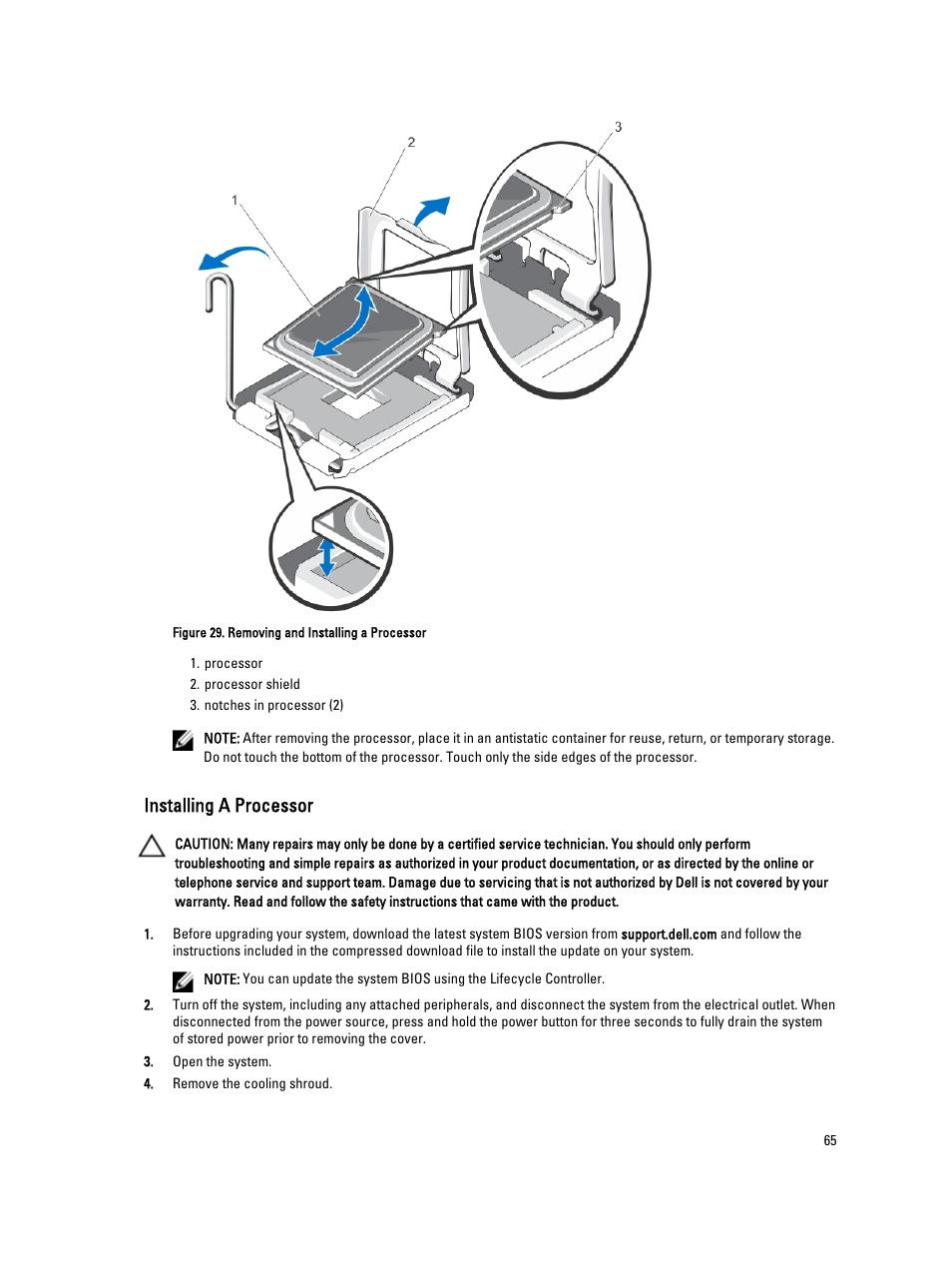 Installing a processor | Dell Powervault NX400 User Manual | Page 65 / 123