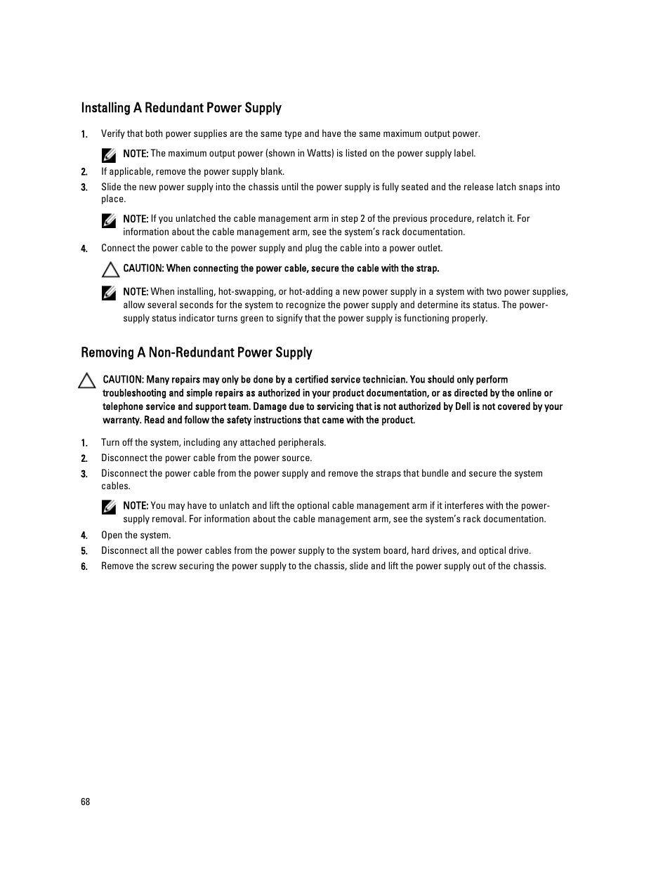 Installing a redundant power supply, Removing a non-redundant power supply | Dell Powervault NX400 User Manual | Page 68 / 123