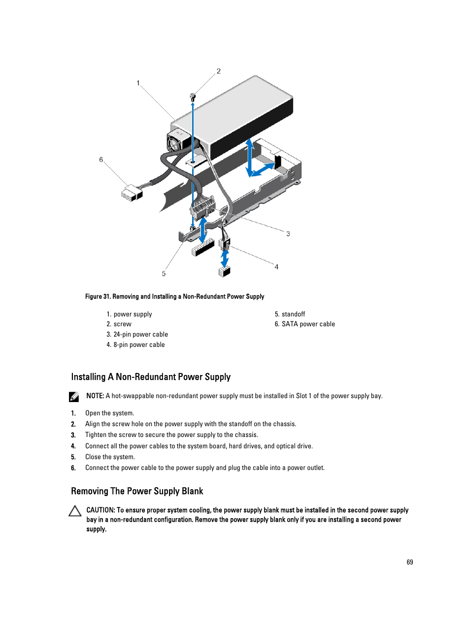 Installing a non-redundant power supply, Removing the power supply blank | Dell Powervault NX400 User Manual | Page 69 / 123