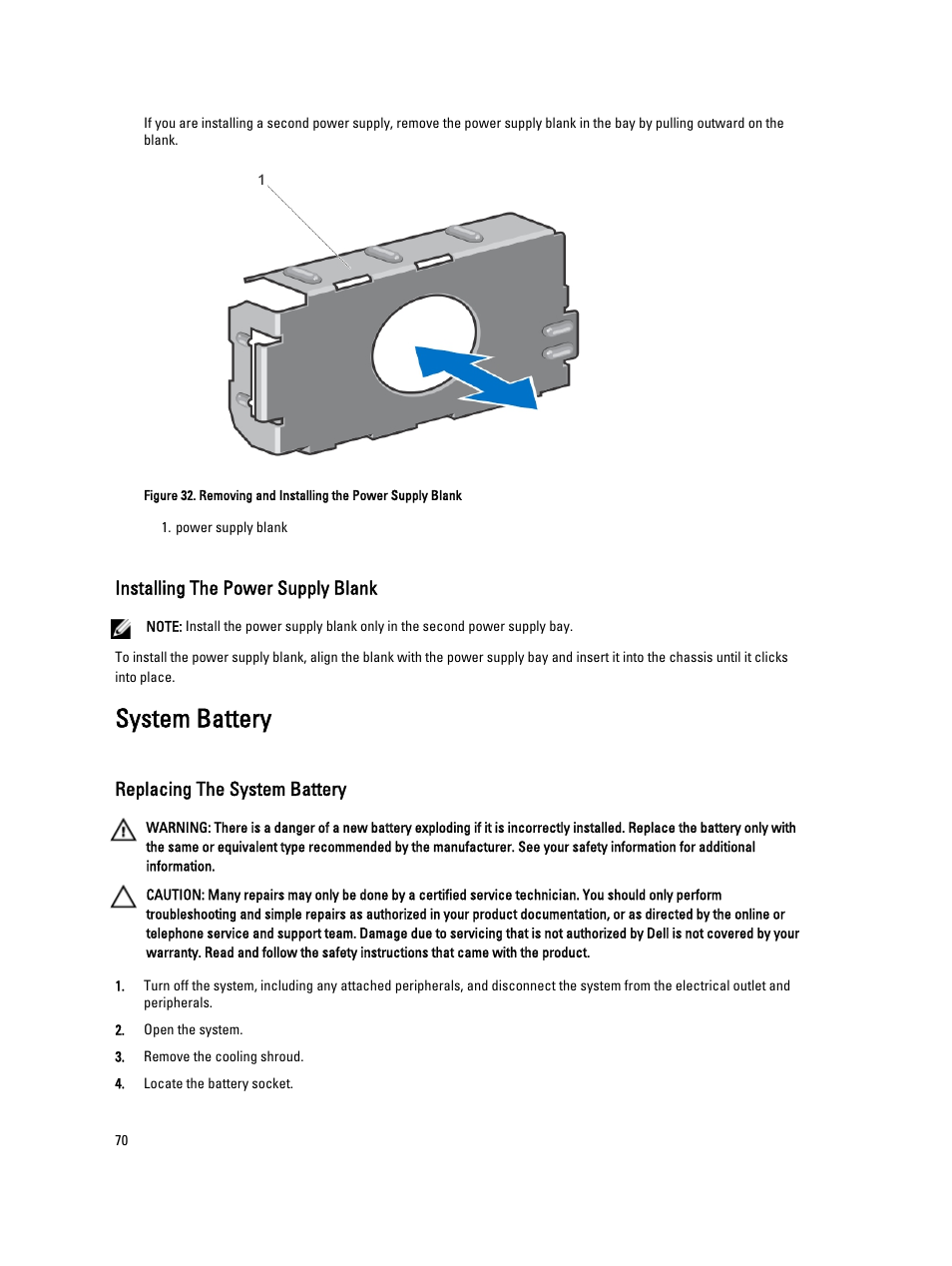 Installing the power supply blank, System battery, Replacing the system battery | Dell Powervault NX400 User Manual | Page 70 / 123