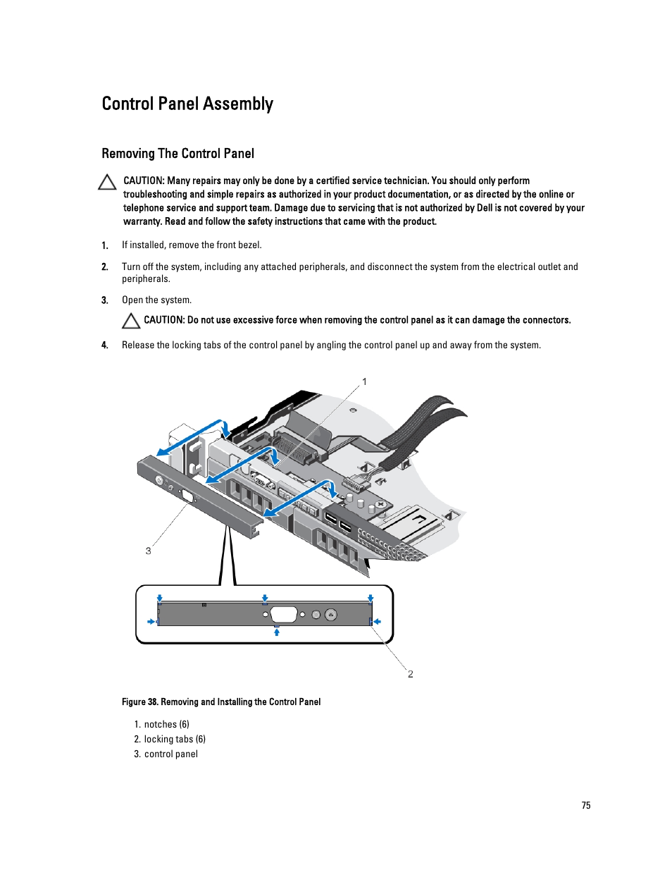 Control panel assembly, Removing the control panel | Dell Powervault NX400 User Manual | Page 75 / 123