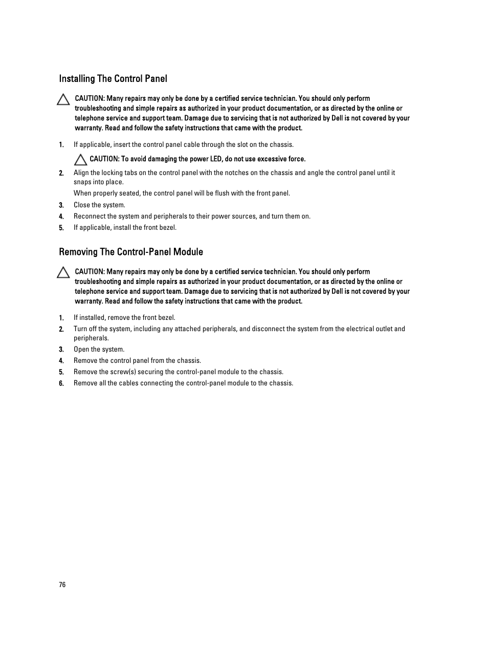Installing the control panel, Removing the control-panel module | Dell Powervault NX400 User Manual | Page 76 / 123