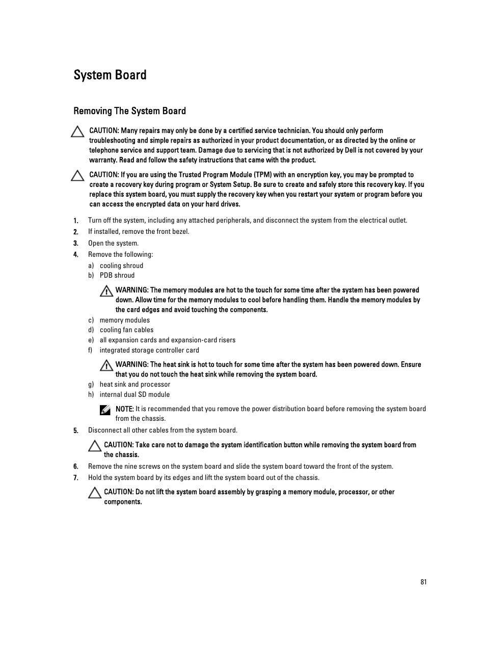 System board, Removing the system board | Dell Powervault NX400 User Manual | Page 81 / 123