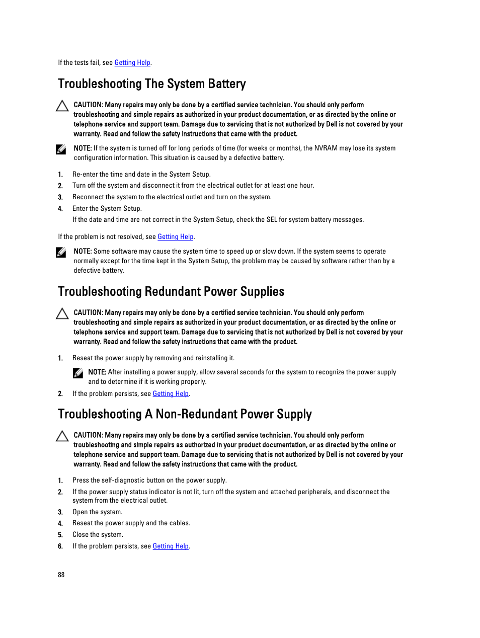 Troubleshooting the system battery, Troubleshooting redundant power supplies, Troubleshooting a non-redundant power supply | Dell Powervault NX400 User Manual | Page 88 / 123