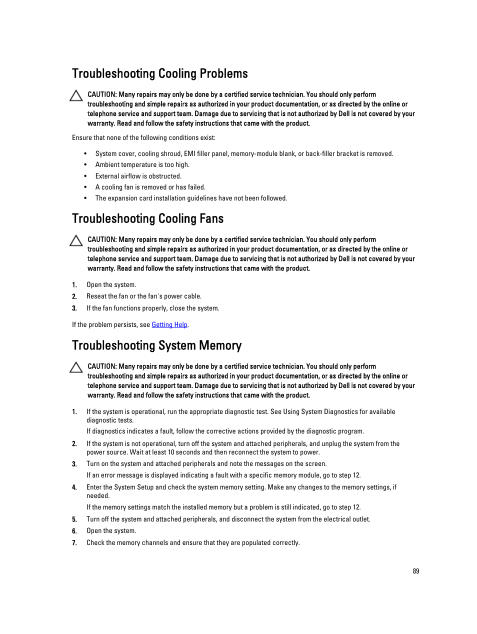 Troubleshooting cooling problems, Troubleshooting cooling fans, Troubleshooting system memory | Dell Powervault NX400 User Manual | Page 89 / 123
