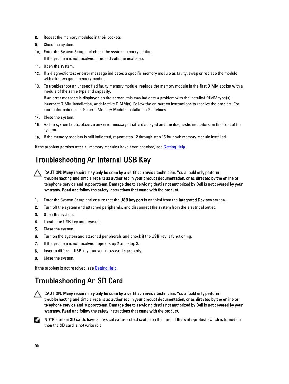 Troubleshooting an internal usb key, Troubleshooting an sd card | Dell Powervault NX400 User Manual | Page 90 / 123